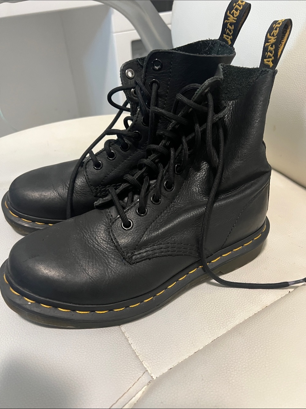 Dr. Martens Black Lace-Up Leather Boots with Yellow Stitching